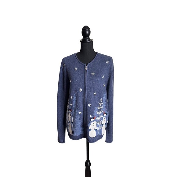Croft & Barrow Women's Denim Snowman Full Zip Cardigan Sweater XL NWT - Picture 1 of 12
